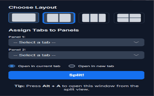 Split View :: Split your Chrome window to view multiple tabs side by side. You can control the size of the panels and the tabs individually.