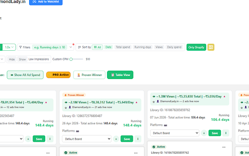 Adlens - Ads Library Tracker :: Shows how many days each ad in the Meta Ads Library has been running, plus estimated or real spend/reach data where available.