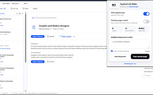 MX1 Behance Applied Jobs Hider :: Hide applied Behance job cards and optional keyword matches from the Jobs and Freelance pages.