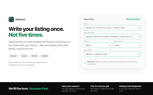 ValuScan — post to your resale sites :: Fills in a new listing on the resale sites you choose, from your ValuScan inventory. You check it and press their Post button.