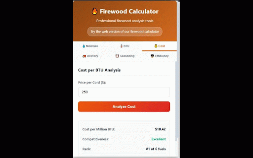 Firewood Calculator :: Professional firewood calculator for moisture content, BTU analysis, cost comparison, and delivery estimation.