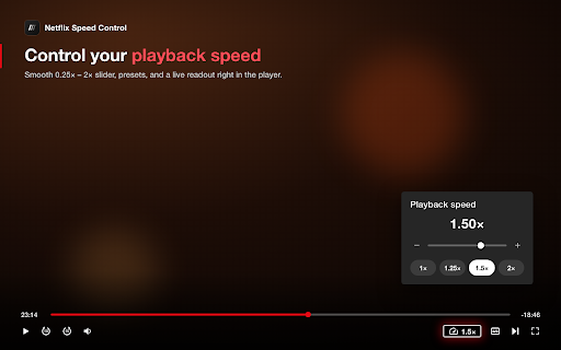 Netflix Speed Control — 2x Playback Speed, Fast Forward & Rewind :: Speed up Netflix — playback speed slider up to 2x, skip back or forward 1–60 seconds instead of 10, auto-skip intros & recaps.