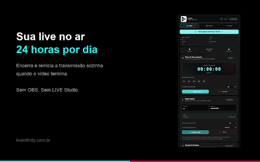Live Infinity :: Sua LIVE do TikTok Shop no ar 24h direto do navegador, sem OBS: Modo Infinito, fixação de produto e comentários automáticos.