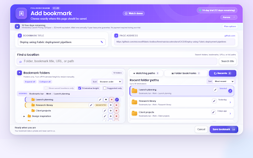 FolderCharm :: Find the right bookmark folder instantly — even with thousands of bookmarks — and save in seconds.