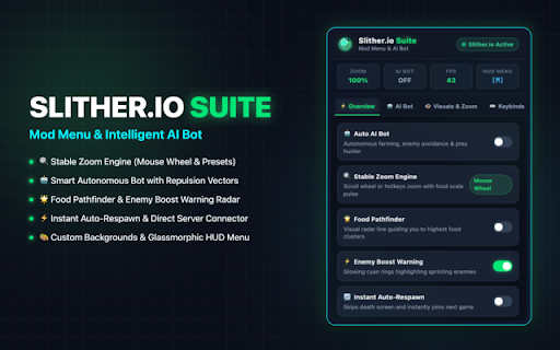 Slither.io Mod Menu & Bot Suite :: Ultimate Slither.io Mod Menu & Bot in English with stable zoom, AI bot, food pathfinder, boost alerts, and morre