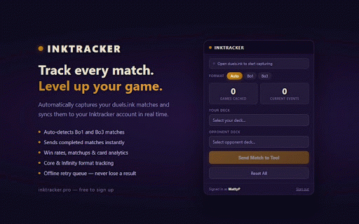 Inktracker :: Automatically capture and save your duels.ink game data to Inktracker for match history, win rates, and card analytics.