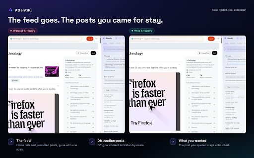 Attentify Element Blocker :: Keep the useful web, lose the bait. Removes feeds, Shorts and rage bait, reads each page in context, explains every call.