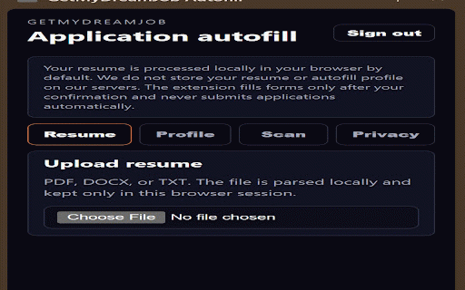 GetMyDreamJob Autofill :: Local-first resume autofill for job application forms.