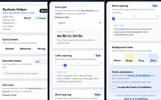 Dyslexia Helper :: Make websites easier to read with dyslexia-friendly fonts, spacing, and soft background colors.