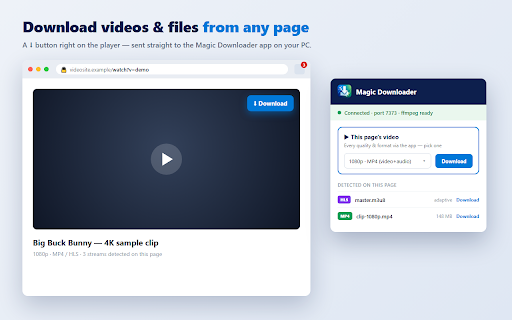 Magic Downloader :: Fast download manager companion: grab videos (HLS/DASH/MP4) with a button right on the player, plus capture normal downloads.