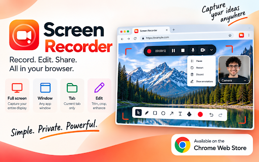 Screen Recorder Plus :: Record your screen with an on-page control bar and camera bubble. Trim, crop, download MP4, or share a private link.