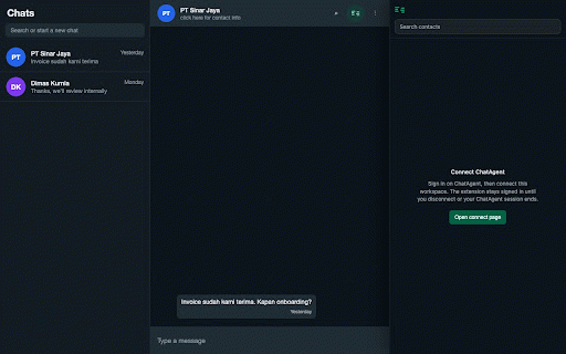 ChatAgent for WhatsApp Web :: See ChatAgent CRM beside WhatsApp Web. Match chats to contacts and open lead details without leaving WhatsApp.