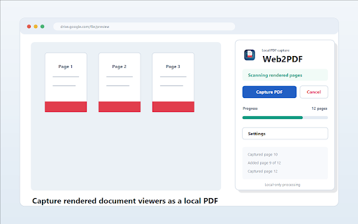 Web2PDF :: Convert rendered document viewer pages into a PDF locally in your browser.