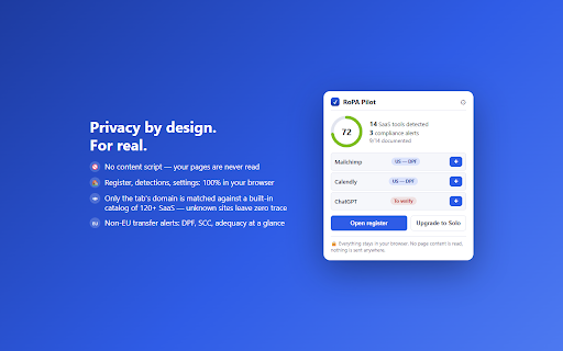 RoPA Pilot — GDPR Processing Register :: Builds your GDPR Article 30 register from the SaaS you actually use. 100% local: no page content read, no data sent.