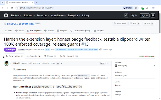 Copy PR Link :: Copy a GitHub PR as a rich-text hyperlink (Pull Request 1234: Title) that pastes as a clickable link in Slack, email, and docs.