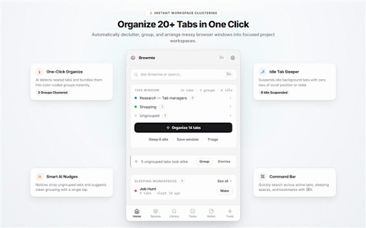 Browmie - AI Tab Organizer :: Organize tabs and bookmarks into reusable browser workspaces.