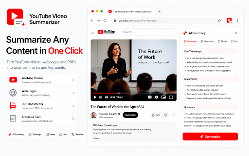 YouTube Video Summarizer: Free with AI :: AI Video Summary for YouTube & Web - all in one. Summarize tool: shorten web articles. The AI tool analyzes YouTube transcripts.