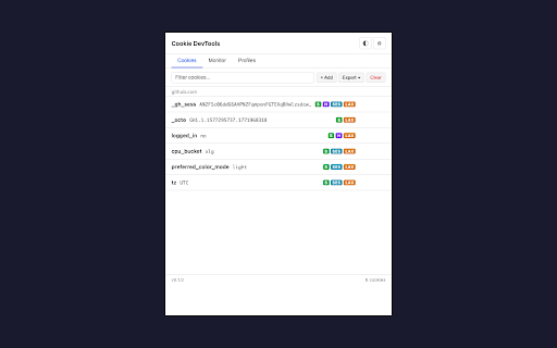 Cookie DevTools :: Developer cookie manager with real-time monitoring, environment profiles, and export to curl/wget. No tracking, no ads.