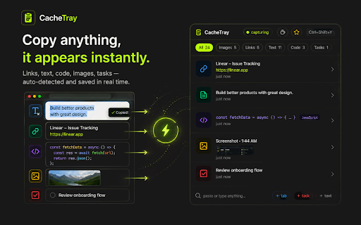 CacheTray – Clipboard for AI Workflows :: Copy screenshots, links and code — send them directly to Claude or ChatGPT in one click. Your clipboard for AI workflows.