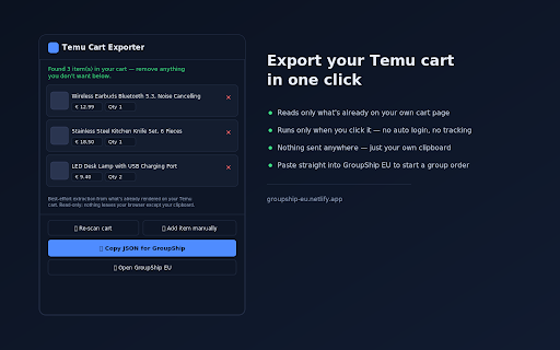 GroupShip Temu Cart Exporter :: Reads your Temu cart (or a shared-cart link, for operators) into GroupShip EU. Read-only: no login, no checkout automation.