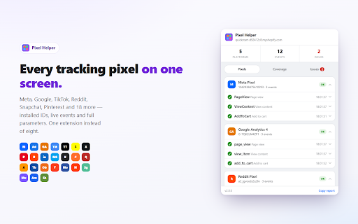 Pixel Helper — Meta, Google, TikTok, Reddit & 20+ more :: One helper for every ad pixel. See which pixels fire, with what data, and which platform is missing an event your others recorded.