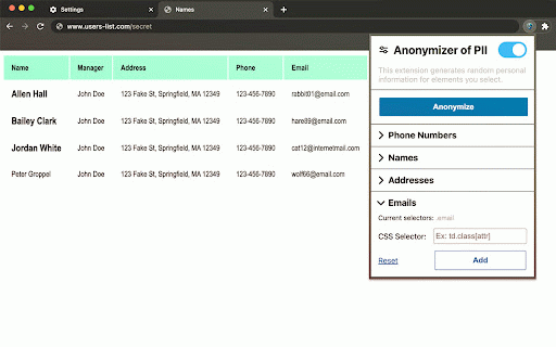 Anonymizer for PII :: Generates random personal information for specified text elements on a web page.