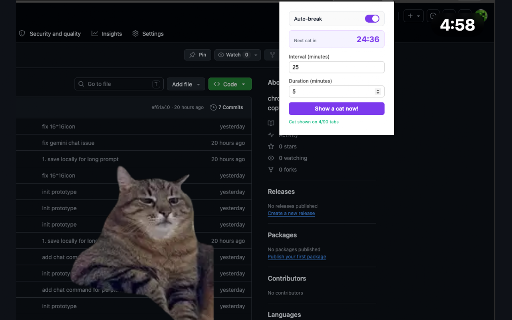 Cat Pomodoro :: A pomodoro break enforcer: every N minutes, a full-screen cat takes over your tabs until you've actually rested.