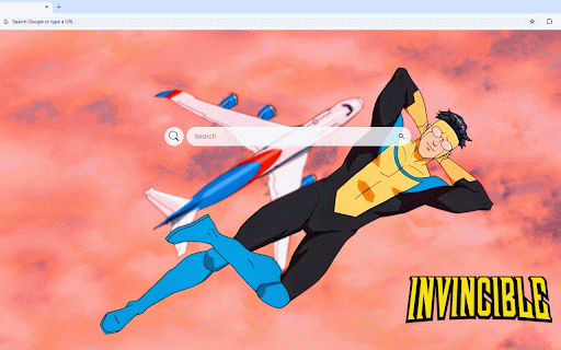 Invincible Sky Flight Live Wallpaper :: Superhero in yellow and black suit soars alongside passenger jet through vibrant sunset sky.