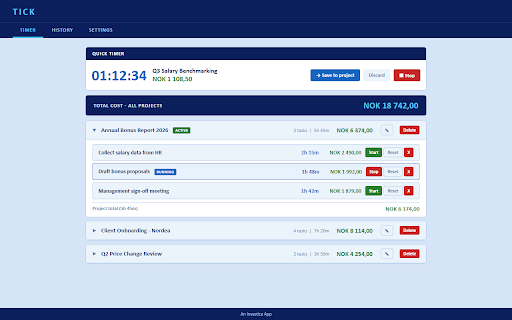 Tick :: Track the real employer cost of your work. Timer, projects, and cost history. By Investica AS.