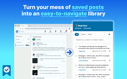 Read Now - LinkedIn Saved Posts Manager :: Capture and manage your saved LinkedIn posts and articles with read status tracking