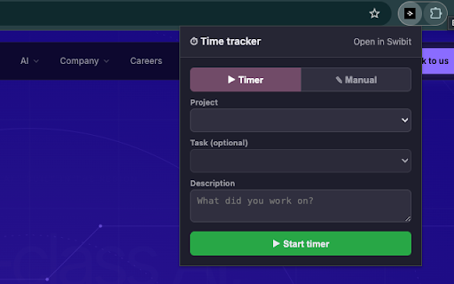 Swibit Time Tracker :: Start/stop timers and log timesheets in Swibit without leaving your browser.