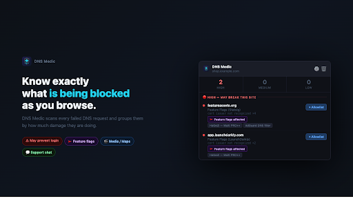 DNS Medic :: Detects DNS blocks that break websites. Supports NextDNS, Pi-hole, and Control D. Groups by risk and lets you allowlist instantly.