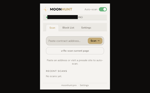 MoonHunt Scanner :: Auto-detect and scan presale contract addresses on any website. Get instant risk scores before you invest.