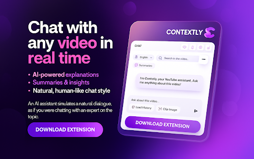 Contextly: YouTube AI Assistant – Summaries, Search & Real-Time Chat :: Chat with any YouTube video in real time. Summaries, Search, Real-Time Chat and Translations powered by ChatGPT, Gemini and Claude.