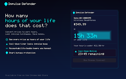 Impulse Defender :: Stop impulse buying. See how many hours of your life that purchase really costs.
