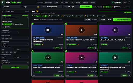 Klip Tools for Kick :: View, filter clippers, and bulk download clips from Kick channels and games with sortable tables and fast video downloads.