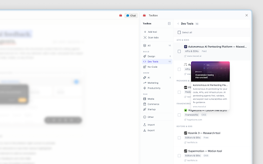 Toolbox :: Save, categorise, and organise every tool you discover across the web — automatically. Local-first, no account needed.