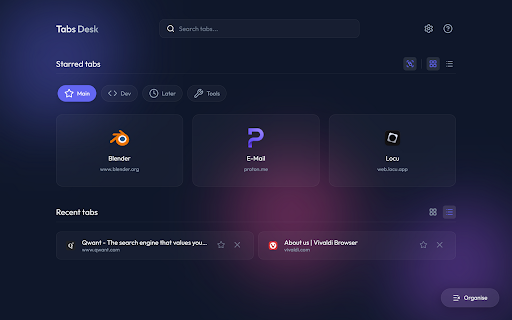 Tabs Desk :: Visual workspace and productivity dashboard. Search, group, and organize your tabs with ease.