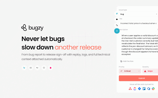 Bugzy — QA & Bug Reporting for Web Teams :: Capture annotated screenshots, recordings, console logs, network activity, and environment details — delivered to your team.