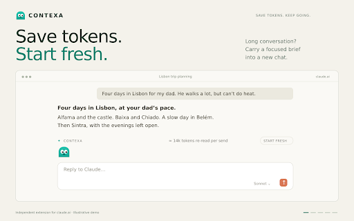 CONTEXA for Claude - Save tokens :: Save tokens on claude.ai. One press writes up to four next messages; Start fresh turns a long thread into a brief. You send it.