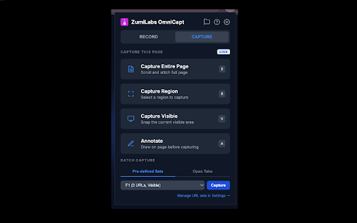 ZumiLabs OmniCapt: Full Page Screenshot & Recorder :: Full page screenshot tool and screen recorder. Annotate, crop, and batch-capture a whole sitemap or open tabs. 100% local & private.