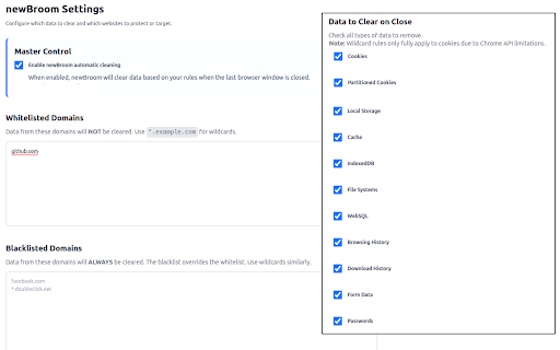 newBroom :: A powerful, configurable Chrome extension for automatically clearing browsing data with precision and control.