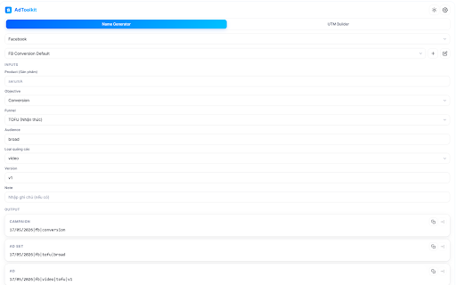AdToolkit :: Tạo tên Campaign - AdSet - Ad chuẩn naming cho Facebook, Google, TikTok Ads. Side panel, custom template, auto-fill, export CSV.
