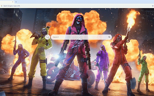 Free Fire Live Wallpaper :: Free Fire squad with colorful outfits and masks posing with weapons in explosive city scene.