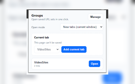 Group Tabs :: Create named groups of URLs and open them in a click (window, tabs, or tab group).