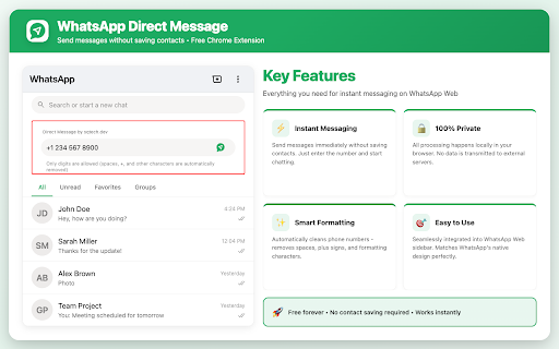 WhatsApp Direct Message :: Send direct messages on WhatsApp Web without saving contacts. Message any phone number without adding them to your contact list.