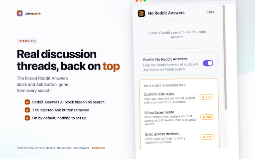 Hide AI Answers for Reddit :: Hides the forced Reddit Answers AI block and Ask button on Reddit search. Network only on key activation.