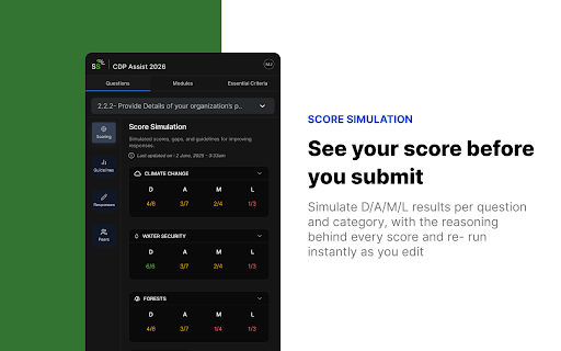 CDP AI Partner 2026 :: SustainSwift scoring simulation and guidelines for CDP questionnaires