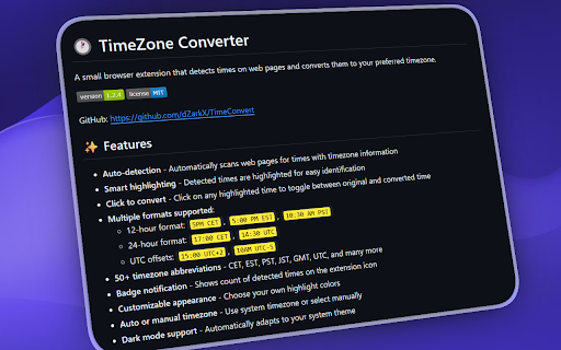 TimeZone Converter :: Automatically detects and converts time zones on any website to your local time. No more manual calculations or external searches.