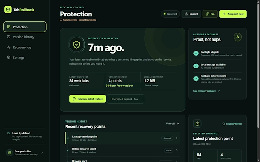 TabRollback — Tab Session Backup :: Back up Chrome tab sessions locally, rehearse safe restores, and recover windows with encrypted exports.